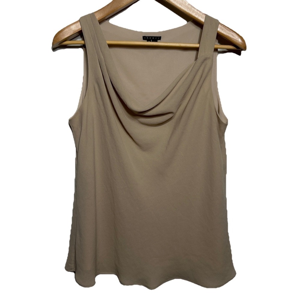 Theory Crushed Satin Cowl Neck Top Beige Women's Size Medium EUC‎